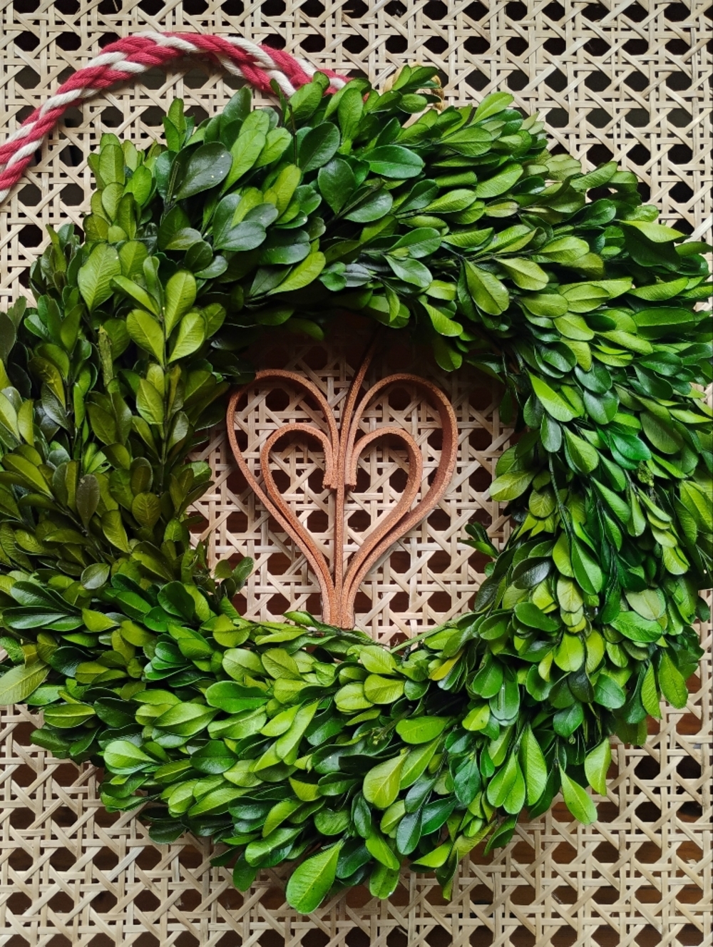 Preserved Boxwood Holiday Wreath with Leather Heart Ornament